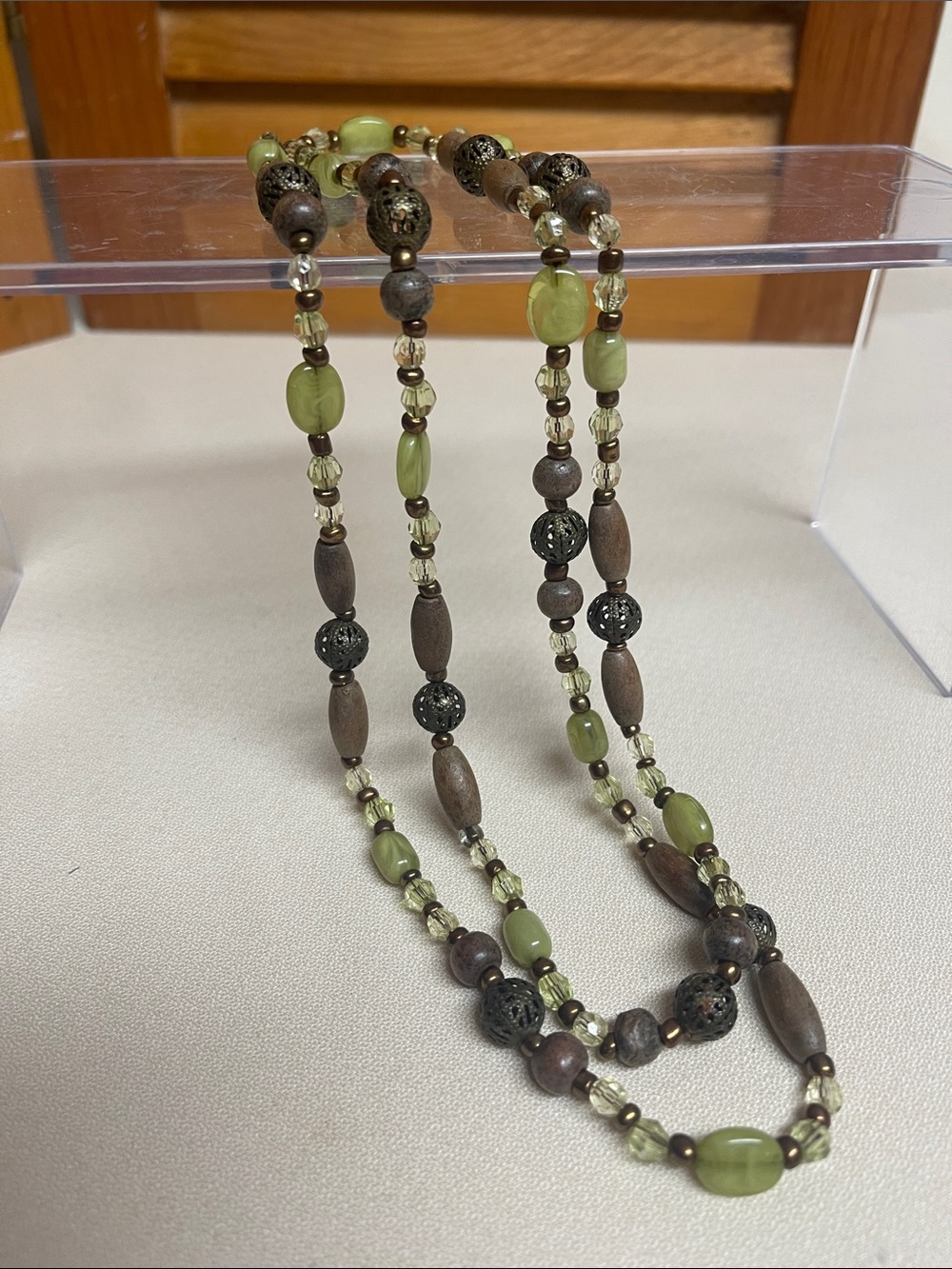 Vintage  Green and Brown Long Beaded Necklace - Women's Jewelry